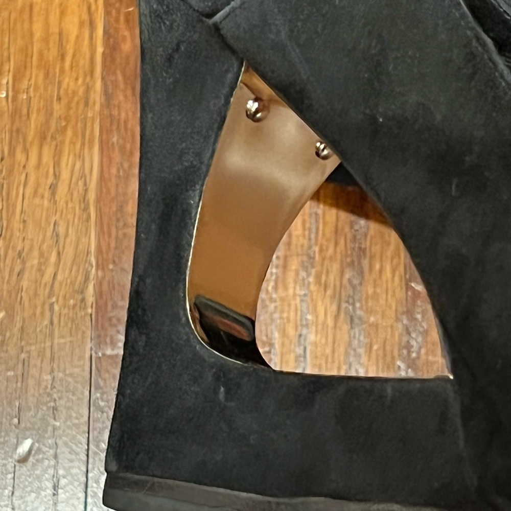 Michael Kors Wedge Heels Peep Toe Cut Out Black Leather Suede Women’s Shoes - Picture 9 of 11